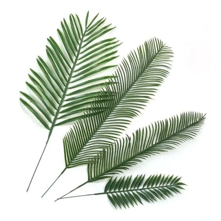 Folha artificial de plástico para decoração, palmeira verde e palmeira, preço mais baixo, folhas artificiais de palmeira para decoração externa, 2023