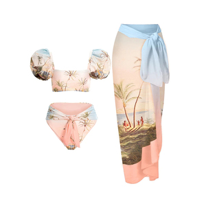 JSN9203854 Fournisseur de maillots de bain Maillot de bain imprimé vintage Ensemble de bikini à manches bouffantes avec caftan Vêtements de plage - Product Image 1