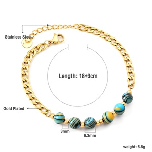 Nouveau design, bracelet pour femme, imperméable, pierres précieuses, perles vertes vintage, charme en pierre naturelle, acier inoxydable, or 18 carats, bracelet à maillons - Product Image 2