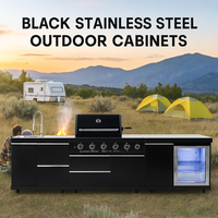 Toutes saisons Outdoor Camping Black Outside Bbq Kitchen Armoire de cuisine extérieure en acier inoxydable avec four à pizza, grill et évier