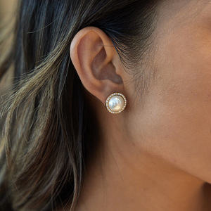 Pearl <b>Stud</b> <b>Earrings</b> Gold Plated With <b>Crystal</b> Bezel Setting For Everyday Wear - Product Image 3