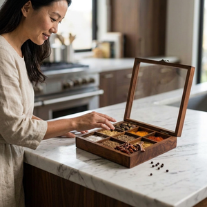 Caja de especias de madera con tapa de vidrio y nueve compartimentos para almacenamiento en la cocina, diseño tradicional tallado. - Product Image 1