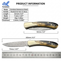 Couteau pliant en acier Damas sans verrouillage, manche en corne, pommeau en laiton, DIY OEM, pour camping, chasse, collection, couteau de poche