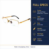 Montures de lunettes de lecture en titane plaqué or 18 carats avec demi-corps en corne de buffle, lunettes carrées pour la myopie, montures pour hommes, meilleures montures de lunettes