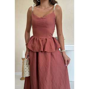 ชุดราตรีผ้าลินินโมคก้าเอวทรงเอ็มไพร์ ระบายช่วงเอว ทรงเอไลน์ สายเดี่ยว ระบายอากาศได้ดี ชุดเดรสยาว - Product Image 2