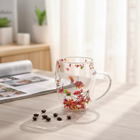 Tasse à café en verre réutilisable à double paroi pré-percée de 350 ml sans BPA avec poignée, bouchon, globe à neige, mugs à expresso, latte, cappuccino, thé