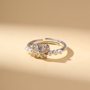 Butterfly Shaped Open <b>Ring</b> With Zircon And Pearls Adjustable Index <b>Finger</b> <b>Ring</b> For Gift - Product Image 4