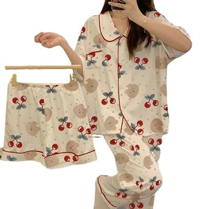 Primavera y verano nuevo cárdigan de tres piezas pijamas de manga corta para mujer primavera y otoño fino lindo dibujos animados verano ropa de casa - Product Image 1