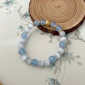 S925 Sterling Silver <b>Aquamarine</b> Cat's Eye <b>Bracelet</b> 21 Beads Round Animal Design Everyday Wear Jewelry - Product Image 2