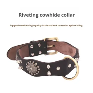 Collier de chien en cuir de vachette solide et écologique avec fermeture à bouton de sangle de cou anti-morsure élargie Style vintage pour les grands chiens - Product Image 2