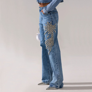 Giacca in Denim lavata classica a maniche lunghe personalizzata Casual a vita alta <span class=keywords><strong>con</strong></span> <span class=keywords><strong>pantaloni</strong></span> in Denim a gamba larga a due pezzi - Product Image 4