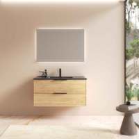 Meuble-lavabo flottant de salle de bain de luxe avec lavabo en sable de quartz noir Miroir LED Couleur noyer Armoire MFC 600mm/750mm/800mm
