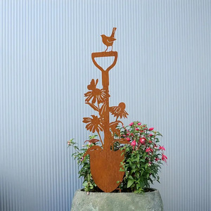 MH MH0001 Décoration de jardin <span class=keywords><strong>en</strong></span> <span class=keywords><strong>fer</strong></span> <span class=keywords><strong>rouillé</strong></span> marron avec fleur de lys et oiseau, style pelle, simplicité moderne, pour jardin, pelouse, pot de <span class=keywords><strong>fleurs</strong></span>, insertion au sol - Product Image 3
