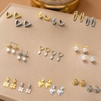 Pendientes de acero inoxidable para mujer con colgante de perla en forma de corazón y circonia y diseño geométrico.