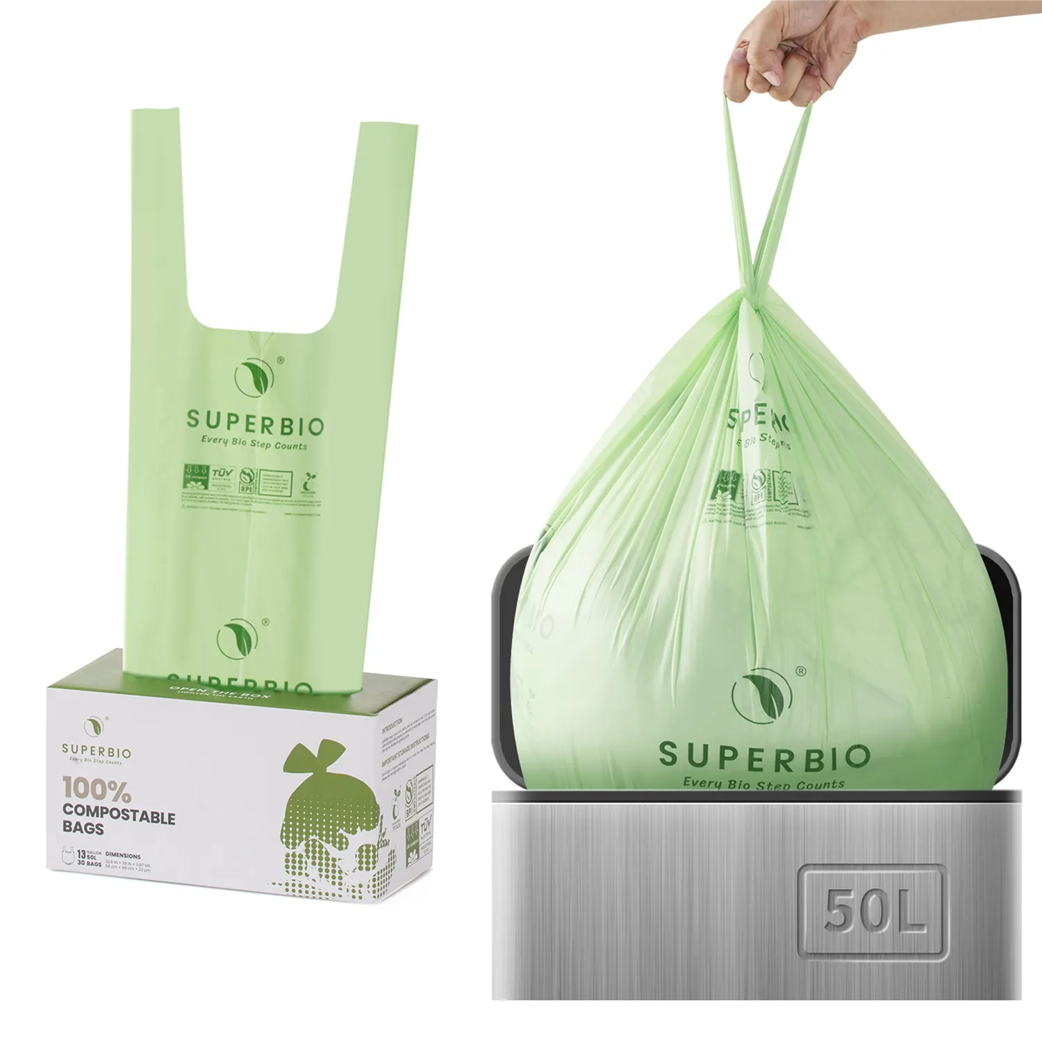 SUPERBIO 13 갤런 100% 생분해 성 퇴비 잎 가방 여분의 두꺼운 키 큰 부엌 쓰레기 핸들 타이 가방