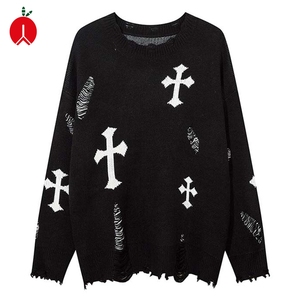 Suéter Personalizado Antiarrugas para <span class=keywords><strong>Hombre</strong></span>, Tejido de Punto con Patrón <span class=keywords><strong>Cruzado</strong></span>, Estilo Desgastado, Hombros Caídos, Jacquard Urbano, Cárdigan Rasgado - Product Image 1