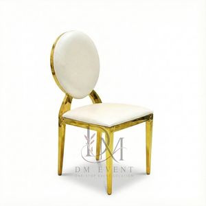 Elegante Silla de Boda Redonda con Respaldo de Medallón en Acero Inoxidable Dorado y Cojín Blanco para Eventos de Boda y Banquetes - Product Image 2