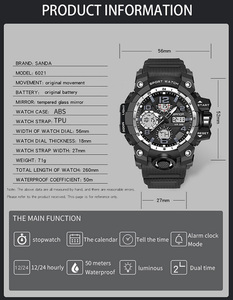 SANDA 6021 Montre de sport pour adolescents, très tendance, affichage analogique-numérique, date de la semaine, alarme lumineuse, montre multifonction - Product Image 6