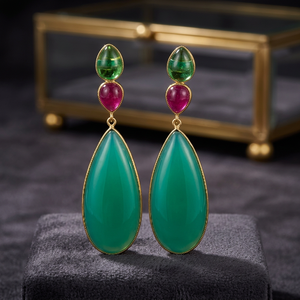 Nouvelles boucles d'oreilles pendantes en argent sterling plaqué or hydro, ornées de chrysoprase, rubis et émeraude hydro, faites à la main avec pierres précieuses - Product Image 3