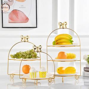 Otel büfe düğün dekorasyon altın demir kuş kafesi raf lüks 2 Tier 3 katmanlı seramik pasta standı - Product Image 2