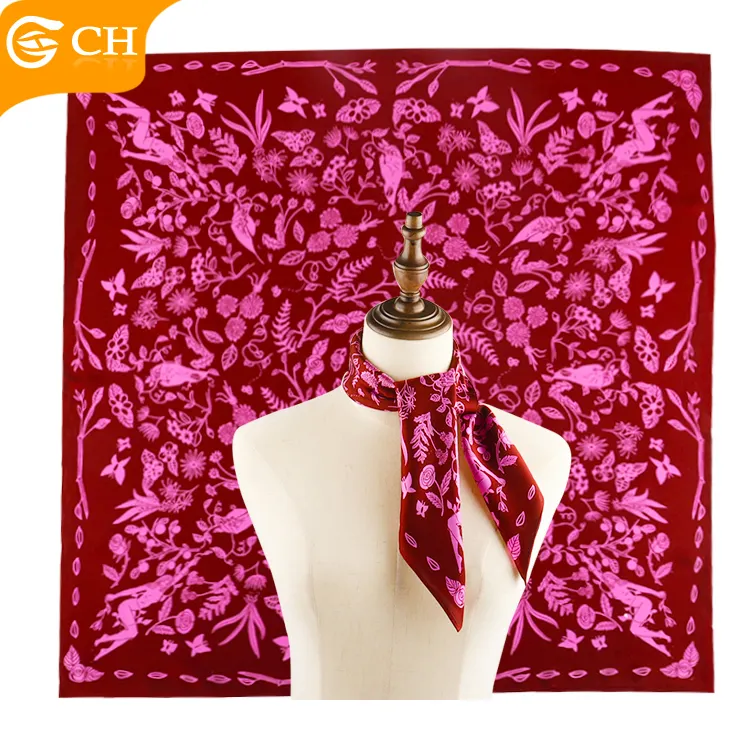 चीनी फ़ैक्टरी डिज़ाइनर सुरुचिपूर्ण आयात लाल सिल्क स्कार्फ ठाठ स्क्वायर फ़ैशन कस्टम 100% सिल्क महिला स्कार्फ