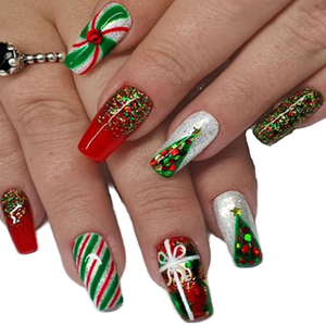 24 <span class=keywords><strong>faux</strong></span> <span class=keywords><strong>ongles</strong></span> à presser avec motif sapin de Noël, style français, à paillettes brillantes et rayures, avec colle, <span class=keywords><strong>pour</strong></span> femmes - Product Image 1