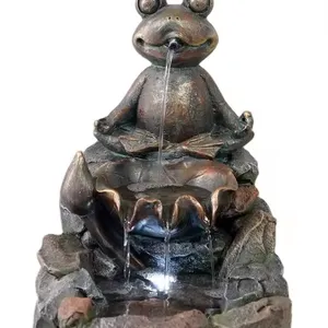 Fonte de poliazerina ZEN frog com cachoeira em cascata de rocha, ornamento de decoração para casa e jardim