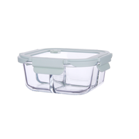 Boîte à lunch en verre borosilicate vert clair à 3 compartiments avec couvercle en verre, boîte de rangement alimentaire étanche pour le bureau et l'école