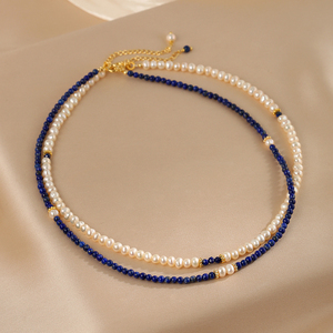 Collar de Perlas Cultivadas de Agua Dulce de Plata de Ley, 2 Piezas, Piedras de Lapislázuli, Perlas Blancas, Estilo Vintage, para Bodas y Fiestas - Product Image 1