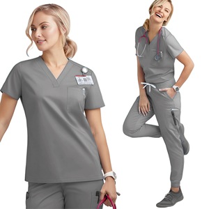 Women's Scrub Set Short Sleeve V-<b>Neck</b> Pink Moisture Wicking Hospital Uniforms Split Set Size S XXL Knitted Fabric - Product Image 4