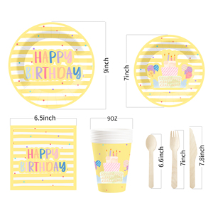 DAMAI Fournitures pour fête d'anniversaire, assiettes jaunes à rayures, serviettes, gobelets, ensemble de couverts pour fête d'anniversaire, pour 8 personnes - Product Image 3
