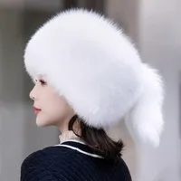 Chapeau en fourrure de raton laveur russe MWfur, fourrure de renard blanc argenté, pour femmes, chapeau en fourrure de renard pelucheux d'hiver avec queue