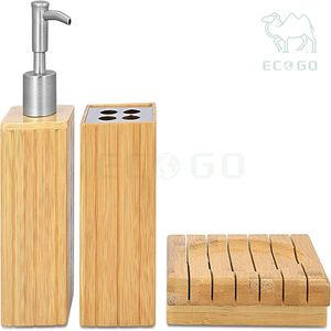 Juego de Accesorios de Baño de 3 Piezas de Bambú Impermeable, Moderno y de Lujo, con Soporte para Cepillo de Dientes y Dispensador de Líquido - Product Image 2