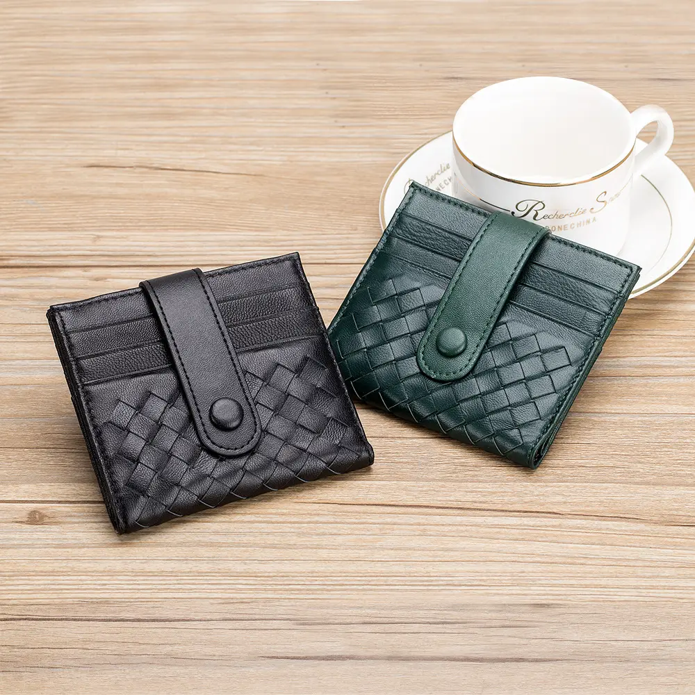 Folding hand woven men's wallet ultra thin short Snap Wallet sheepskin card bag women's simple and fashionable new wallet