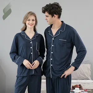 यूनिसेक्स लंबी आस्तीन Loungewear ठोस अवकाश लंबी शर्ट नाइटवियर कपास प्लस आकार नींद सेट मिलान जोड़ों घर पजामा