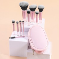 Ensemble de 10 mini-pinceaux de maquillage à marque privée, fibres synthétiques, manche métallique, pour contour, poudre et fard à paupières, avec étui