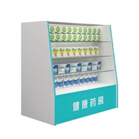 Vitrine de pharmacie inclinée en métal peint, étagère ouverte pour médicaments, produits de santé pour pharmacie
