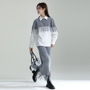 Set di due pezzi grigio alla moda da <span class=keywords><strong>donna</strong></span> autunno nuovo Design senso nicchia nappa scialle gonna vestito a due pezzi lavorato a maglia - Product Image 5