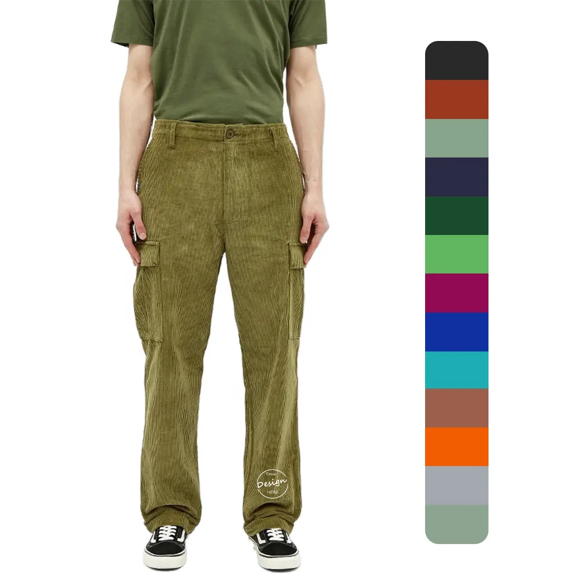 Мужские прямые зеленые брюки вельветовые спортивные брюки повседневные брюки-карго с двумя большими карманами