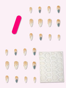 Juego de 24 piezas de alta calidad hecho a mano ABS almendra uñas patrón de línea dorada venta al por mayor modelo del fabricante diseño prensa uñas dedos - Product Image 4