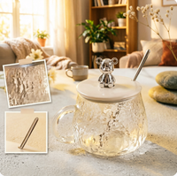Tasse en verre martelé mignonne de 400 ml avec couvercle et poignée en forme d'ours argenté, écologique, résistante à l'ébullition, design classique pour café/thé, usage quotidien