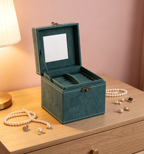 Boîte à bijoux en velours vert avec miroir, petite boîte de rangement carrée pour bijoux avec serrure, boîte de rangement portable pour boucles d'oreilles et bagues pour femmes - Product Image 4