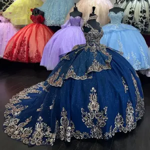 2024 Royal Blue Quinceaneraชุดหวาน 15 ปีเซ็กซี่Vคออ้วนชุดลูกไม้Appliquesชุดเจ้าหญิงMQ655