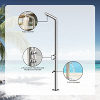 Douche extérieure moderne en acier inoxydable sur pied avec double poignée en céramique brossée, jet pluie et jet doux, pour jardin