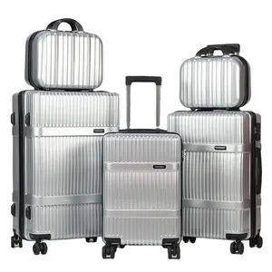 Omaska Zilver Kleur Abs Pc Materiaal Reisbagage Sets Streep Ontwerp Trolley Bagage