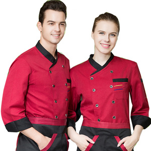 เสื้อเชฟผู้ชายแขนยาวเครื่องแบบทำงานในห้องครัวเสื้อเชฟสีดำมีสีแดงแบน - Product Image 6