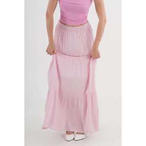 Falda de Cintura Imperio Vintage de Algodón y Seda Rosa al por Mayor, con Volantes, Cintura Natural, Decoración Estampada, Estilo Casual para Primavera - Product Image 1