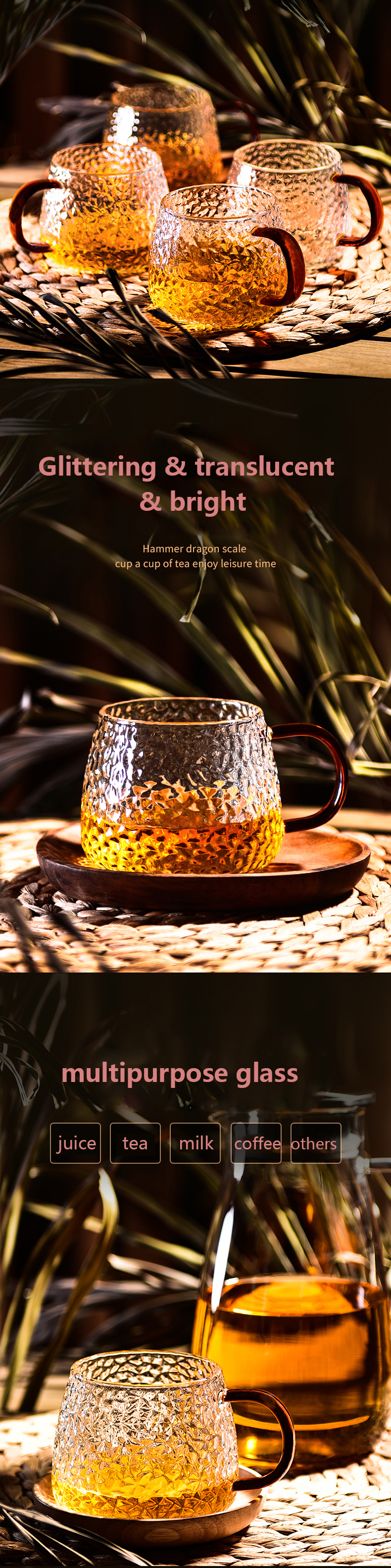 14.2oz high borosilicate glassware handle hammer design mug heat water tea 420ml coffee drinking milk breakfast clear round cups