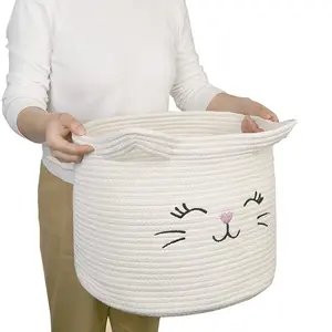 Rope Laundry Basket Large Woven Cotton Rope Storage Basket With Cat Design Animal Laundry Basket Organizer For Blanket Pet Baby Toys Gift Baskets