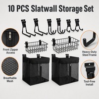 Lot de 10 organiseurs de rangement muraux pour garage, crochets robustes, paniers en fil de fer, sacs en maille, vis de fixation écologiques, noir